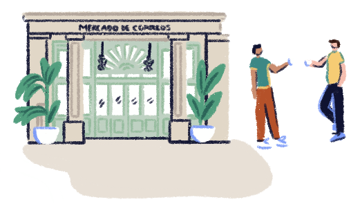 Illustration of two people at the entrance of the Post Office Market.