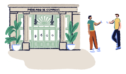 Ilustración de dos personas en la entrada del Mercado de Correos 