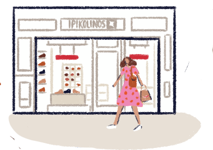 Illustration of a woman at the entrance of the Pikolinos Sevila store