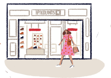 Illustration of a woman at the entrance of the Pikolinos Sevila store