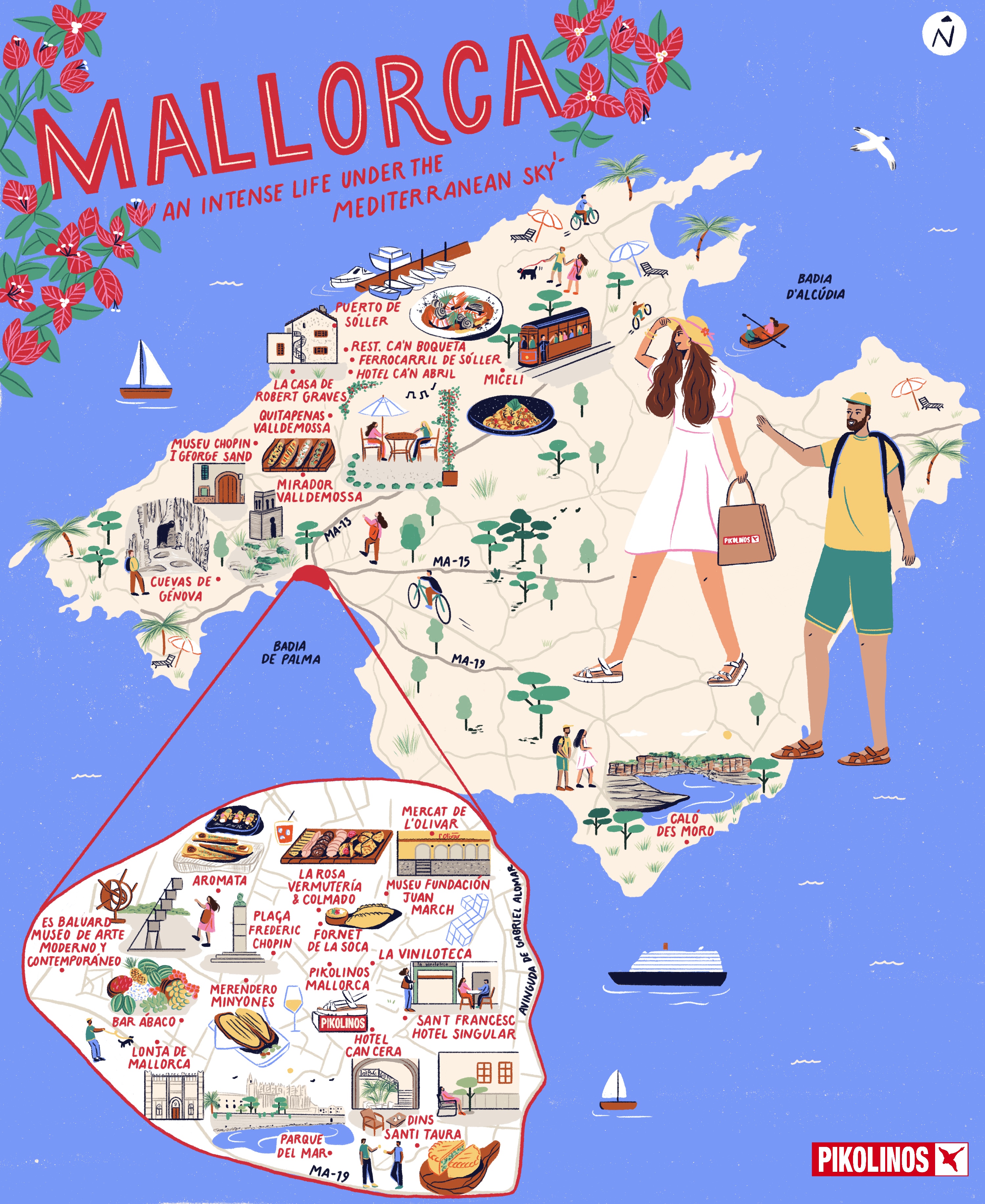Illustration of a map of Mallorca with drawings of interesting things about the place
