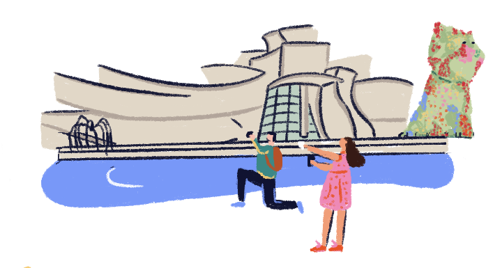 Ilustración de dos personas haciendo fotos en el museo Guggenheim