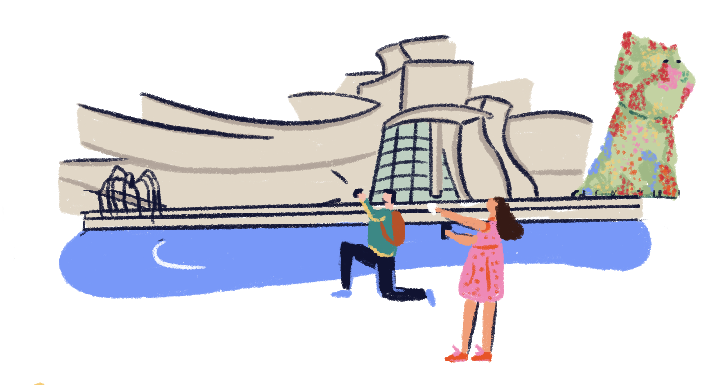 Illustration of two people taking photos at the Guggenheim museum