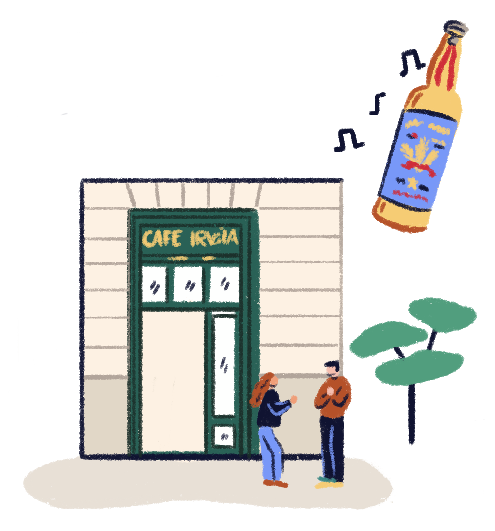 Illustration of two people at the entrance of Café Iruñaa