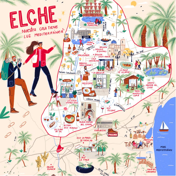 Mapa ilustrado de Elche con dos turistas caminando