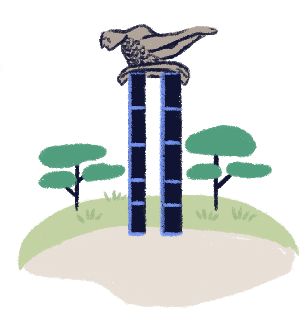 Illustration of a monument between two trees