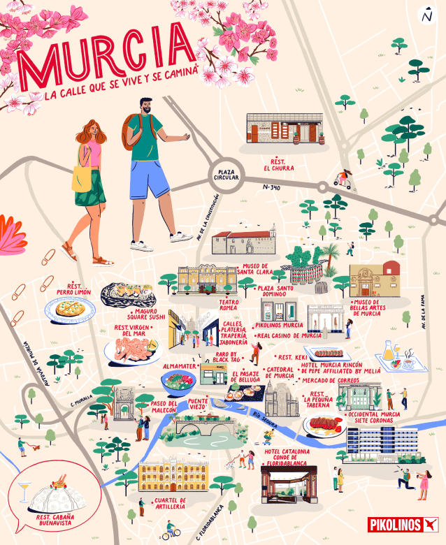 Ilustración mapa de Murcia con los puntos de interés 