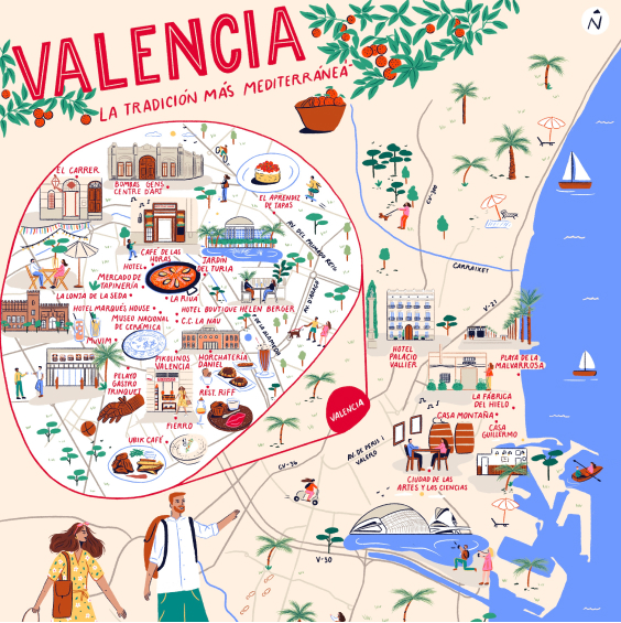 Mapa ilustrado de Valencia con dos turistas caminando