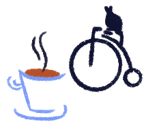 Illustration of a cafe and the logo of a cat on a bicycle