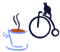 Illustration of a cafe and the logo of a cat on a bicycle