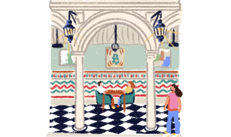 Illustration of some people at a table in the Palacio Solecio hotel