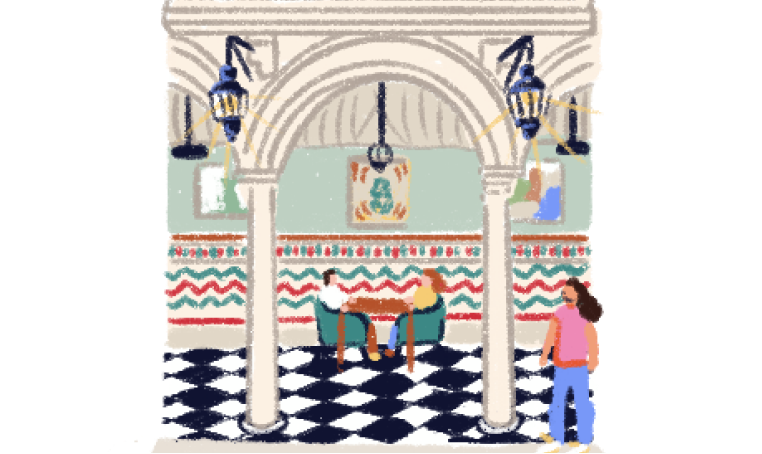 Illustration of some people at a table in the Palacio Solecio hotel