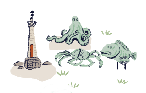 Ilustración de un monumento portuario y diferentes animales marinos