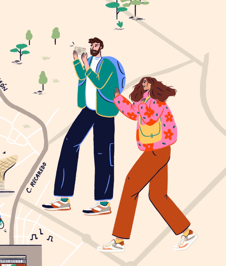 Ilustración del mapa de Sevilla con dos turistas