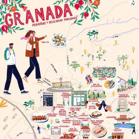 Mapa ilustrado de Granada con dos turistas caminando