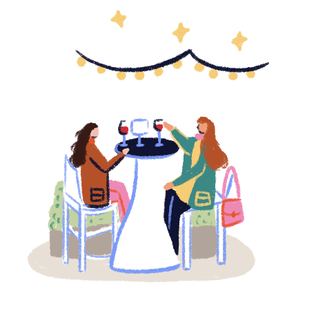 Illustration of 2 girls drinking red wine on a terrace at night.