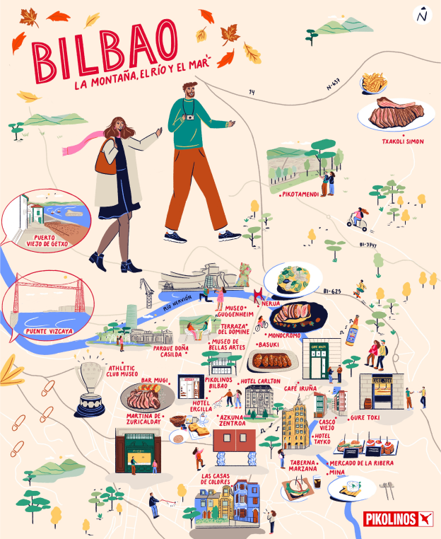 Ilustración de dos turistas en el mapa de Bilbao.