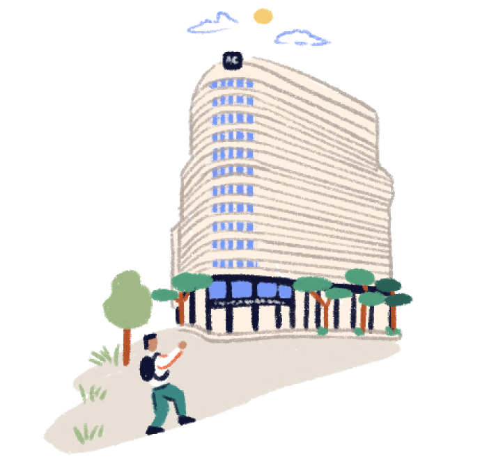Illustration of a person taking a photo of the AC Hotel by Marriot
