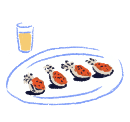 Illustration eines Tellers mit Speisen und einem Glas