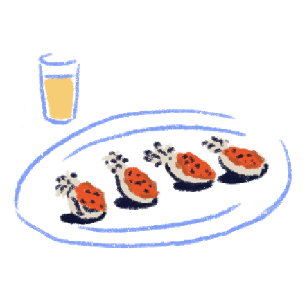 Illustration of a plate with food and a glass