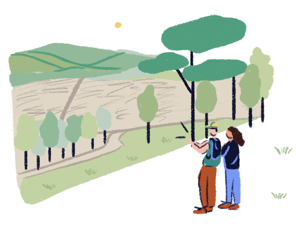 Illustration of two people walking in the bush