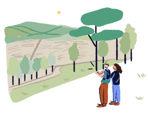 Illustration of two people walking in the bush