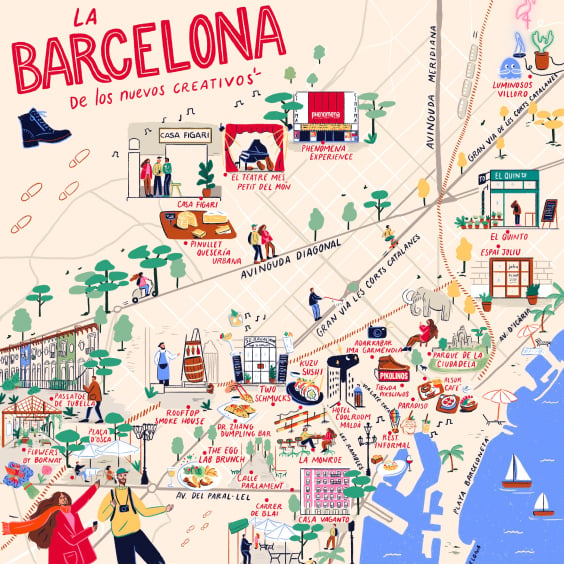 Mapa ilustrado de Barcelona con dos turistas caminando