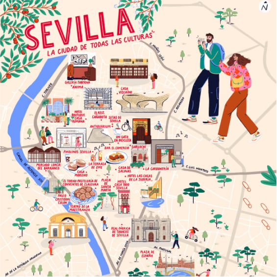 Mapa ilustrado de Sevilla con dos turistas caminando