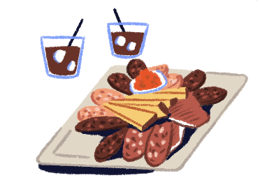 Illustration of a plate of cold cuts with two drinks
