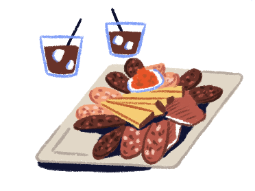 Illustration of a plate of cold cuts with two drinks