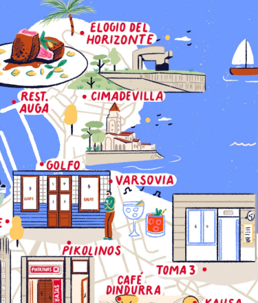 Illustration of the map of Asturias with the most important monuments and 2 tourists.
                