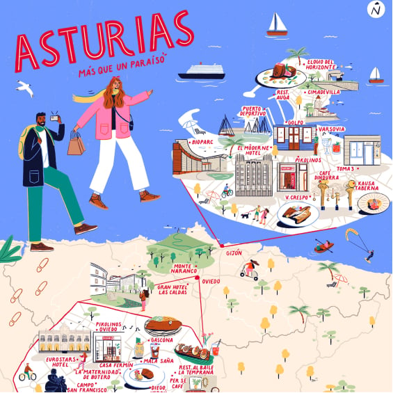 Mapa ilustrado de Asturias con dos turistas caminando
