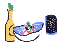 Illustration d'une assiette de nourriture et d'une boisson.