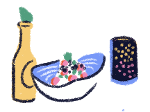 Illustration of a plate of food and a drink.