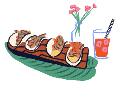 Ilustración de unos tacos, una bebida y un florero.
