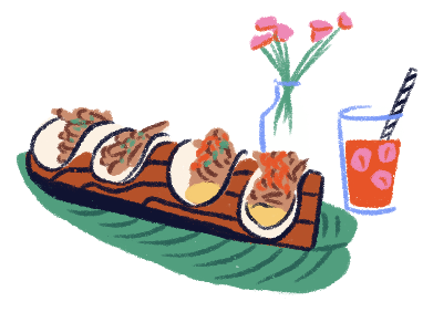 Illustration von Tacos, einem Getränk und einer Vase.
                    