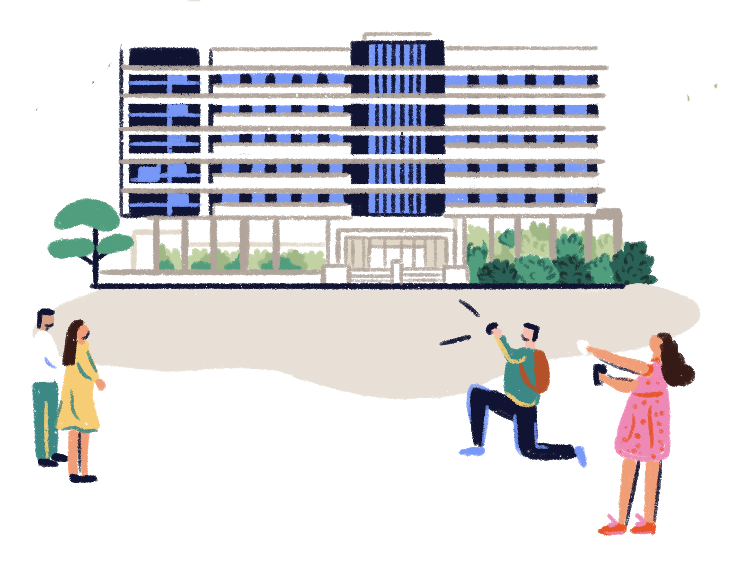 Illustration of a person taking a picture of others in front of the Occidental Murcia Siete Coronas hotel.