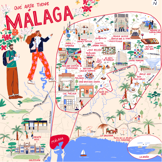Mapa ilustrado de Málaga con dos turistas caminando