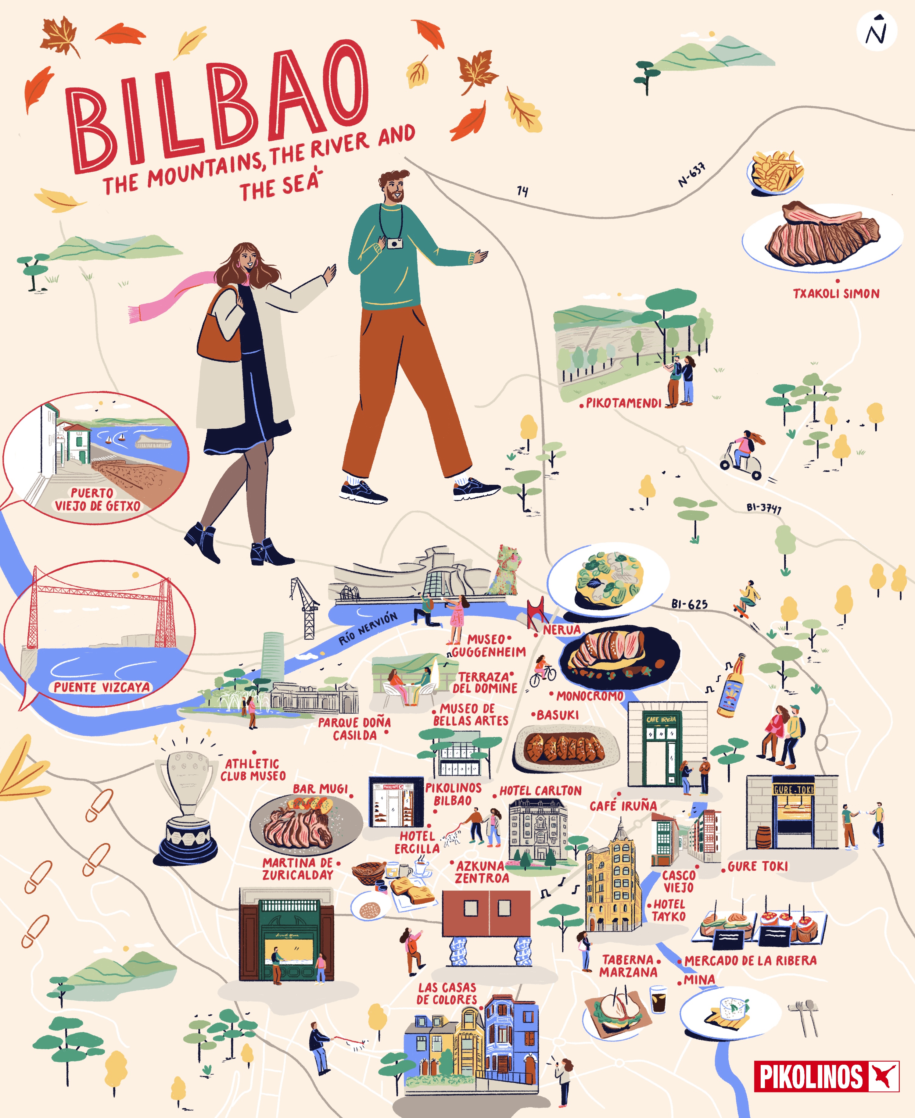 Illustration of two tourists on the map of Bilbao.