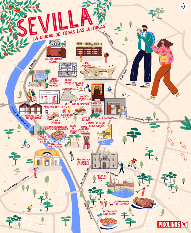 Ilustración de mapa de Sevilla con dibujos de cosas interesantes del lugar