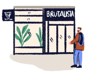 Illustration of a man in front of the Brutalist restaurant entrance.