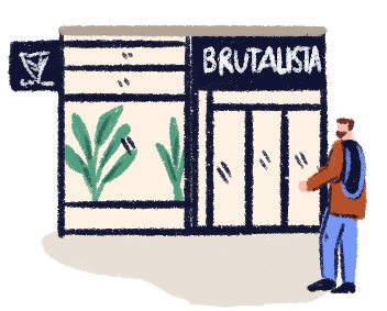 Illustration d'un homme devant l'entrée du restaurant brutaliste.