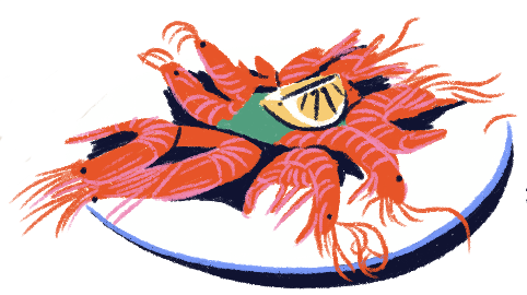 Illustration plate of prawns with lemon