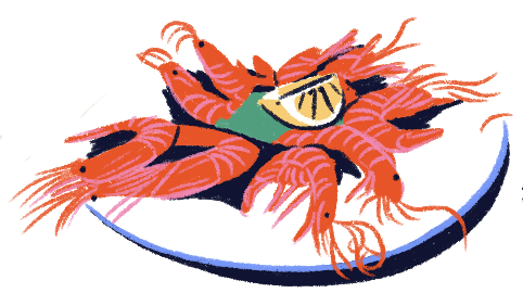 Illustration plate of prawns with lemon