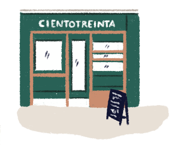 Illustration of the exterior of the Ciento Treinta Grados bakery.