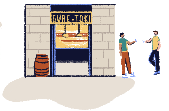 Illustration of two people at the entrance of the Gure Toki bar