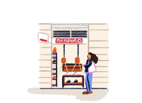 Illustration of a woman shopping at the Pikolinos store in Malaga