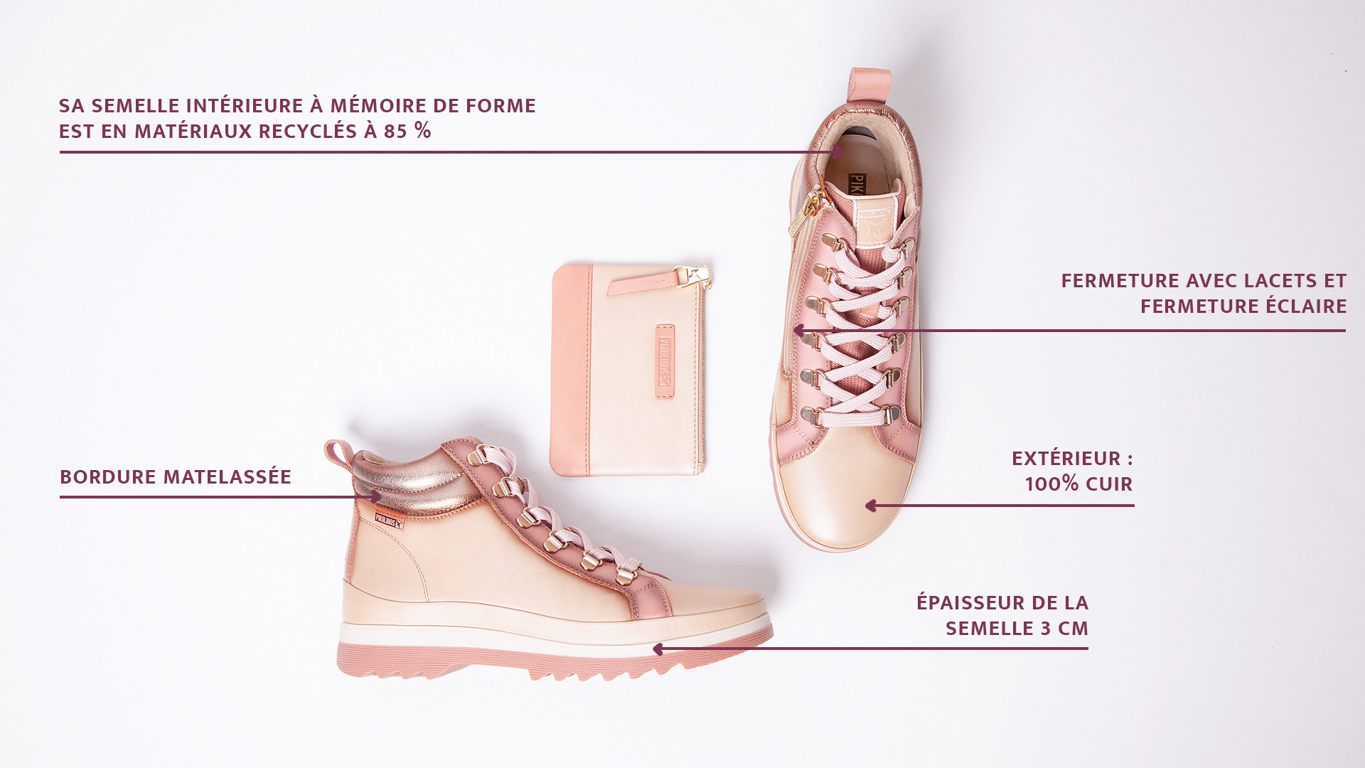 Picture Vigo ankle boots with their features and the pink purse on a white
        background