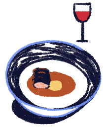 Ilustración de un plato de comida y una copa de vino.