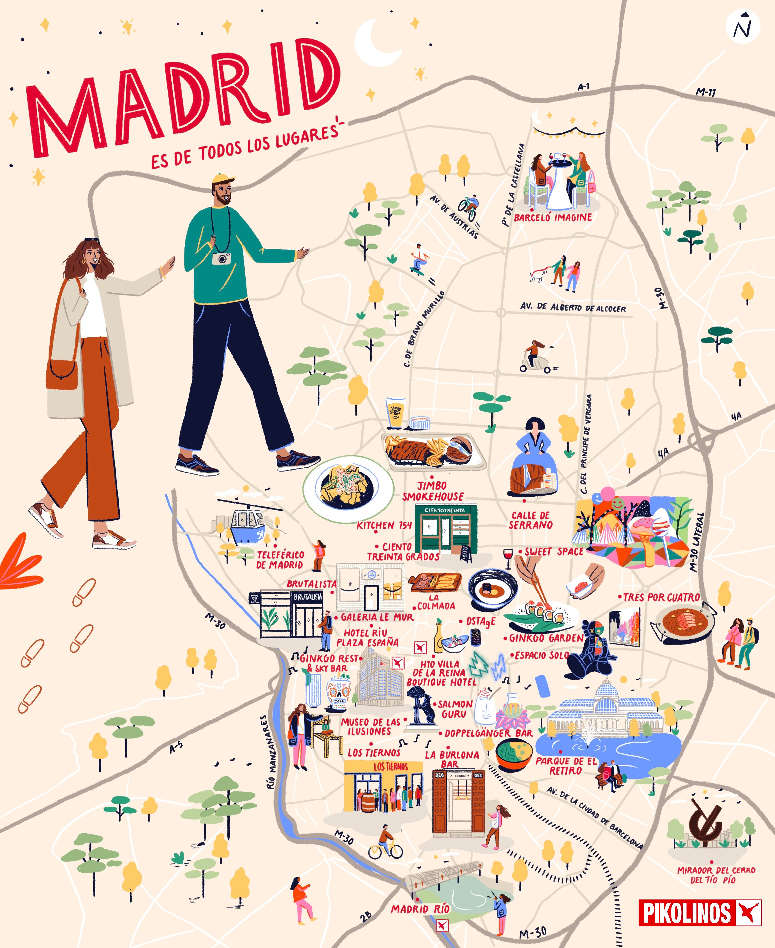 Mapa de Madrid ilustrado con 2 turistas paseando.
                    